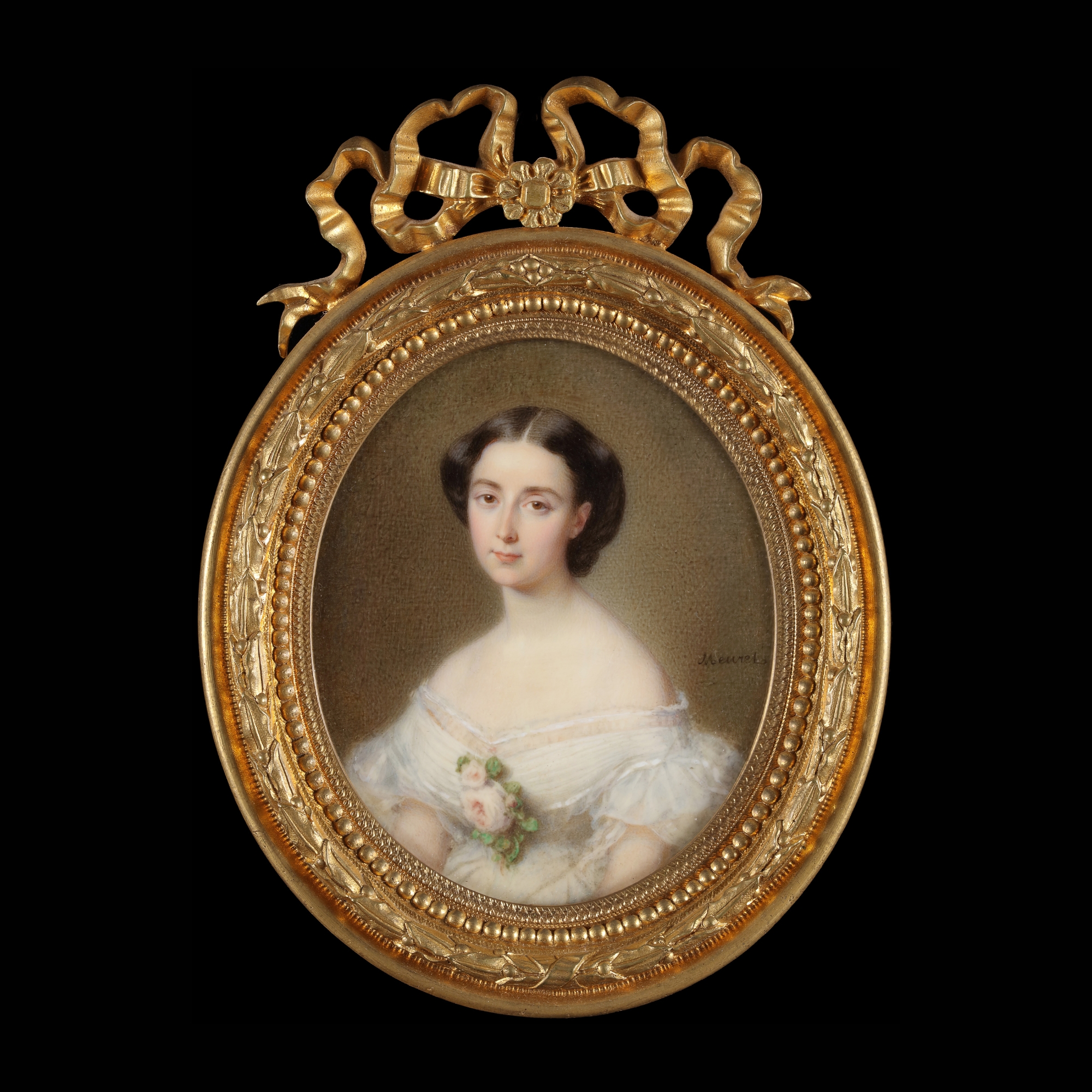 A Young Lady in a tulle and cotton white gown with pale pink roses at her corsage